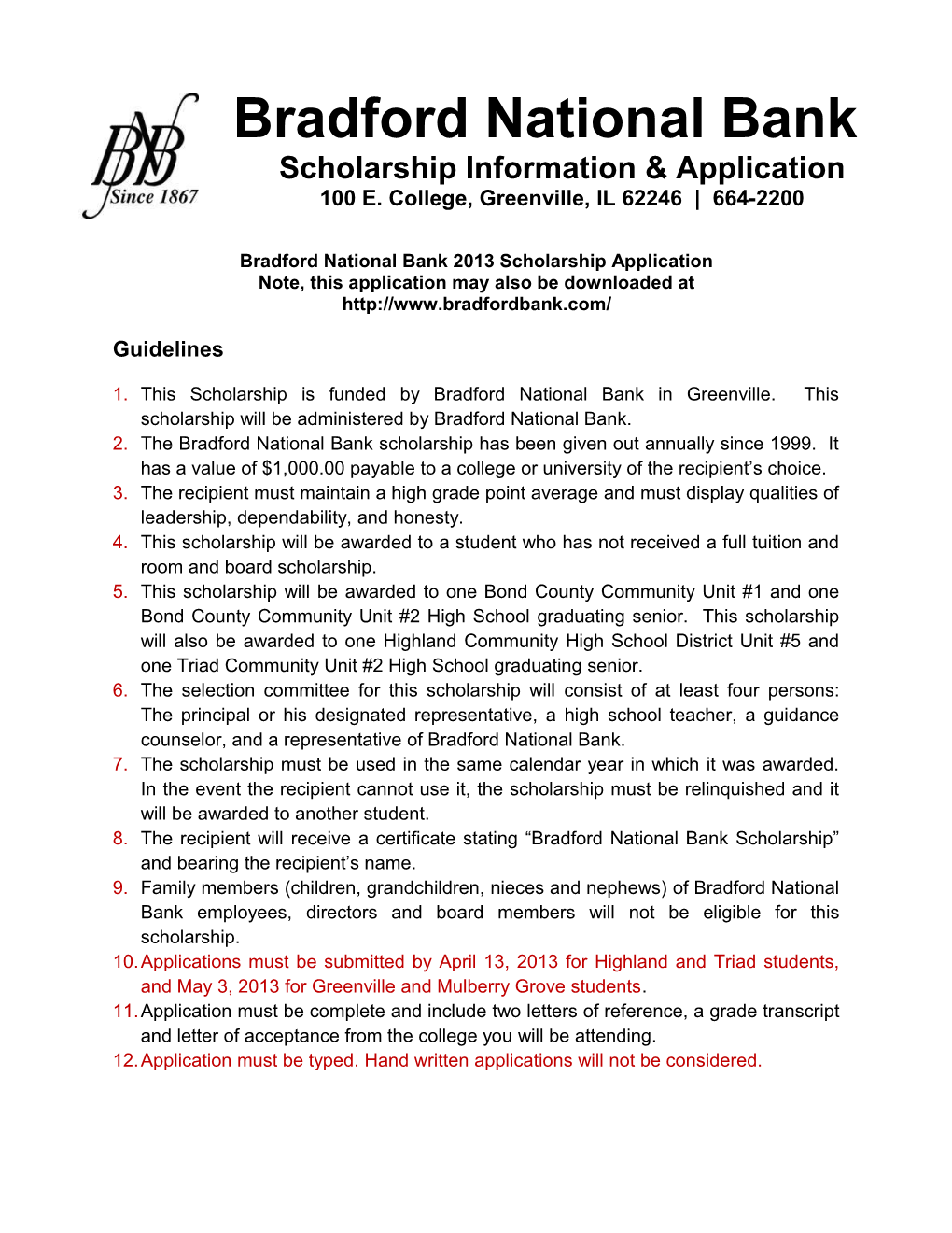 Bradford National Bankscholarship Information & Application100 E. College, Greenville