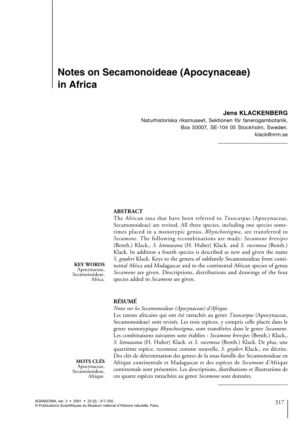 Notes on Secamonoideae (Apocynaceae) in Africa