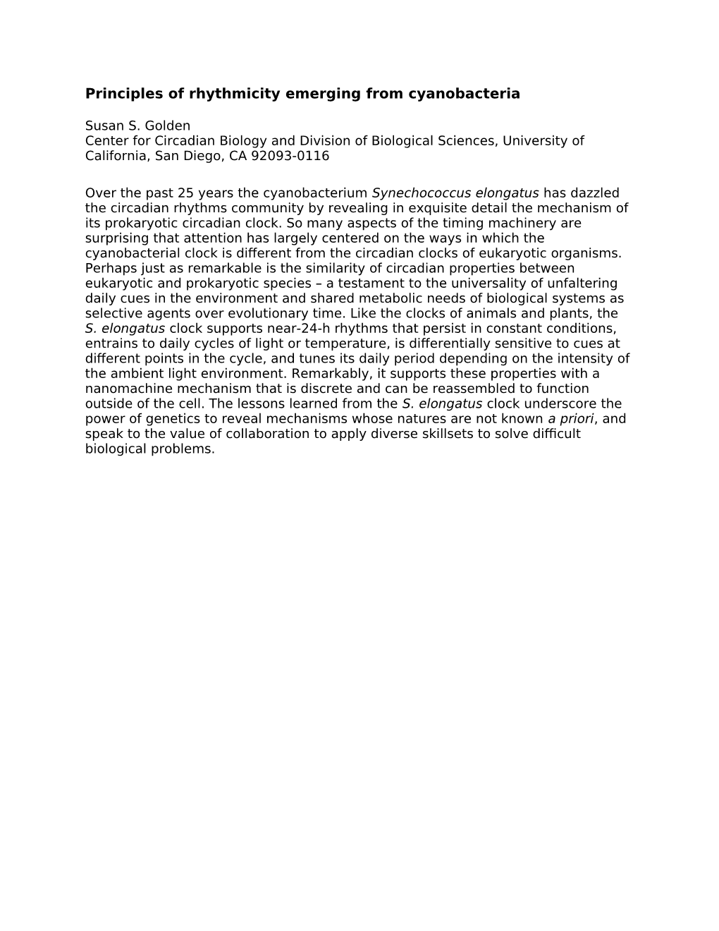 Principles of Rhythmicity Emerging from Cyanobacteria