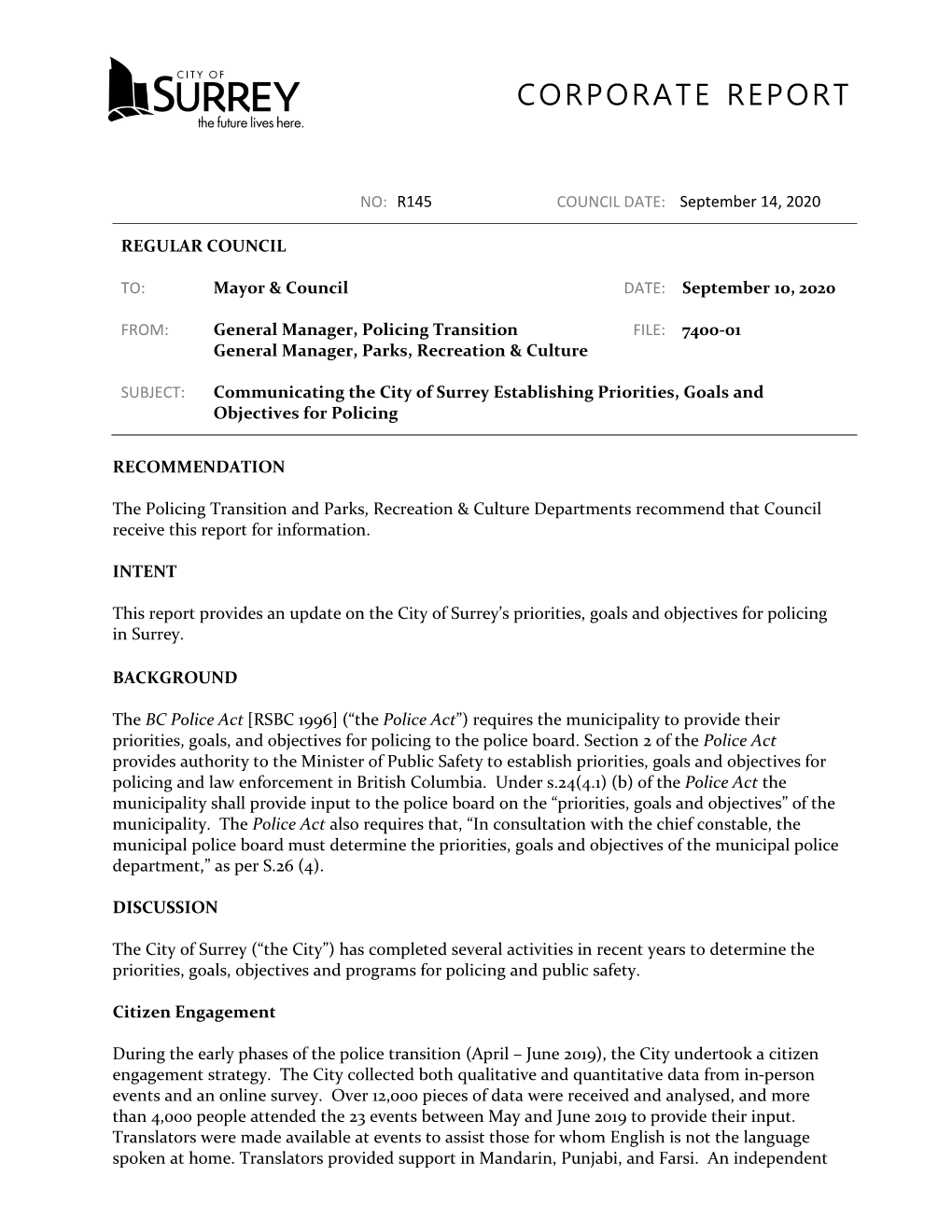 R145: Communicating the City of Surrey Establishing Priorities, Goals