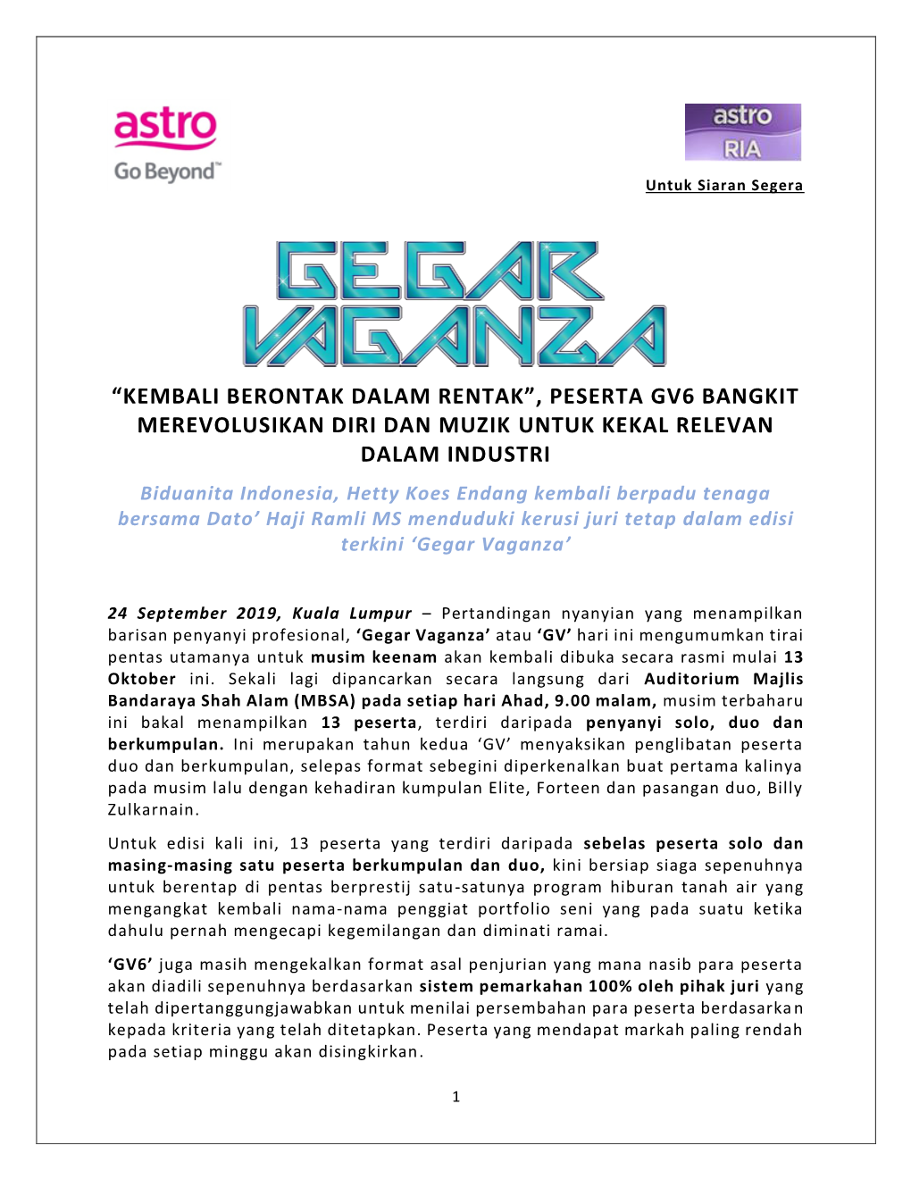 “Kembali Berontak Dalam Rentak”, Peserta Gv6