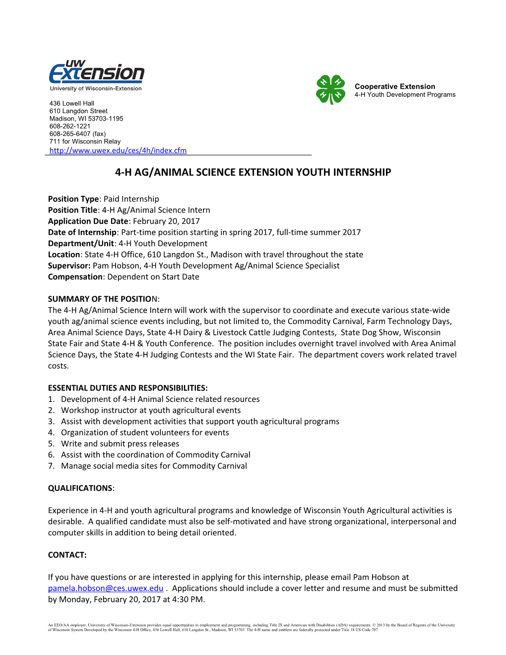 4-H Ag/Animal Science Extension Youth Internship