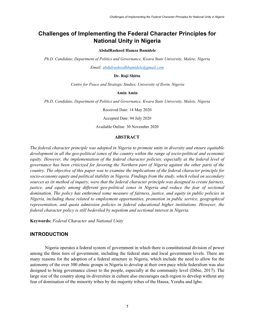 Challenges of Implementing the Federal Character Principles for National Unity in Nigeria