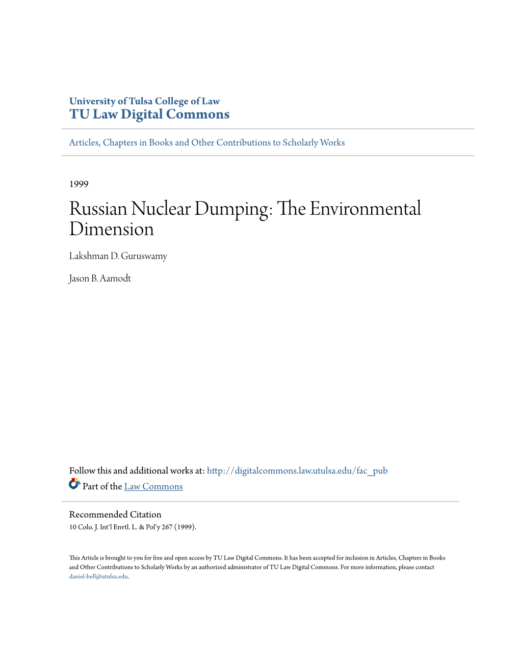 Russian Nuclear Dumping: the Ne Vironmental Dimension Lakshman D