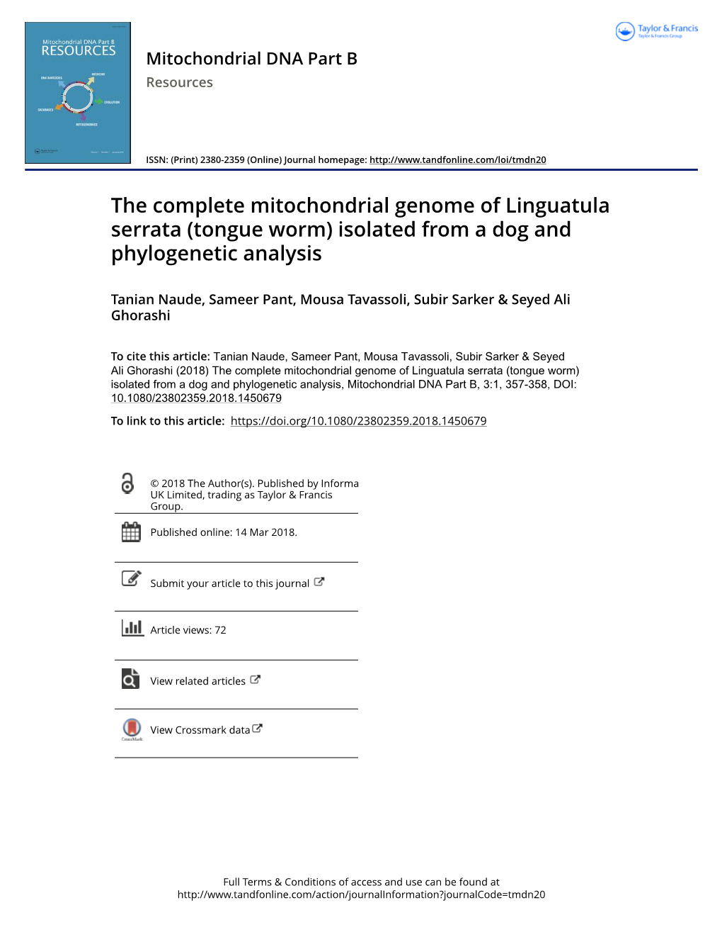 The Complete Mitochondrial Genome of Linguatula Serrata (Tongue Worm) Isolated from a Dog and Phylogenetic Analysis