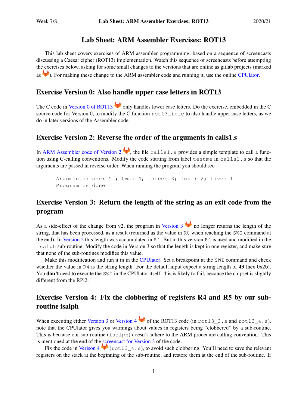 Lab Sheet: ARM Assembler Exercises: ROT13 Exercise Version