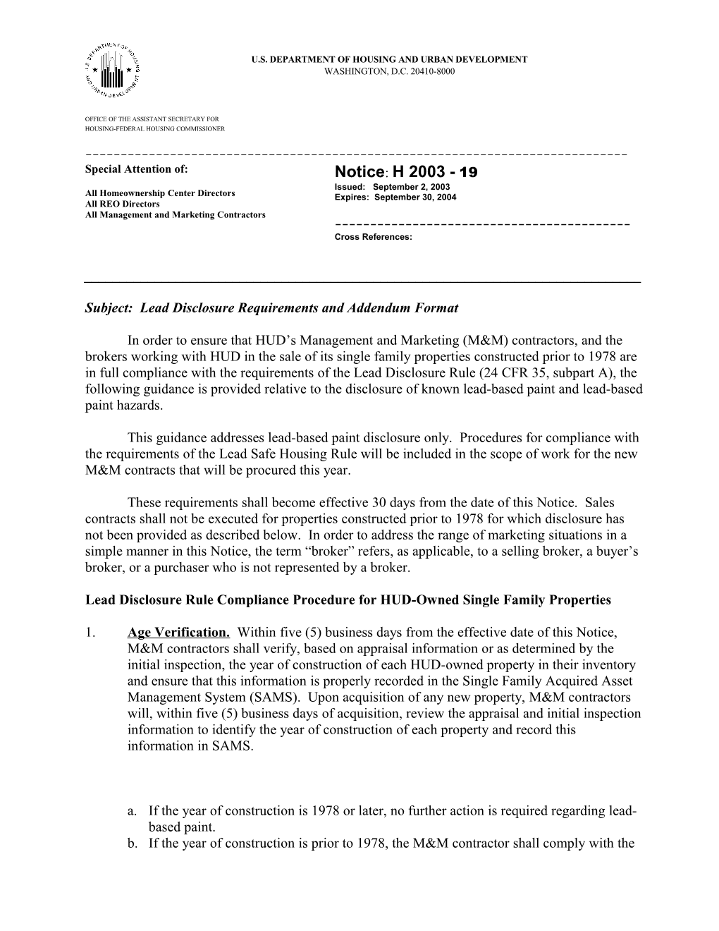 Subject: Lead Disclosure Requirements and Addendum Format