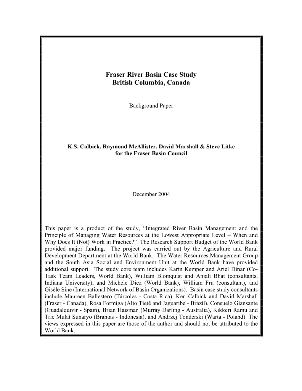 Fraser River Basin Case Study British Columbia, Canada