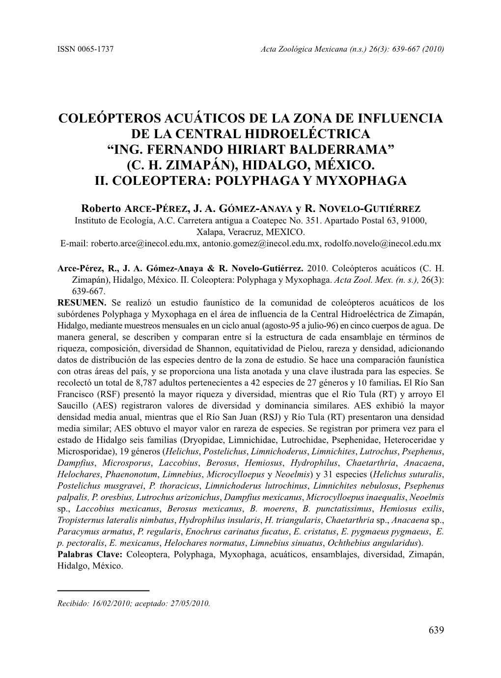 Coleópteros Acuáticos De La Zona De Influencia De La Central Hidroeléctrica “Ing