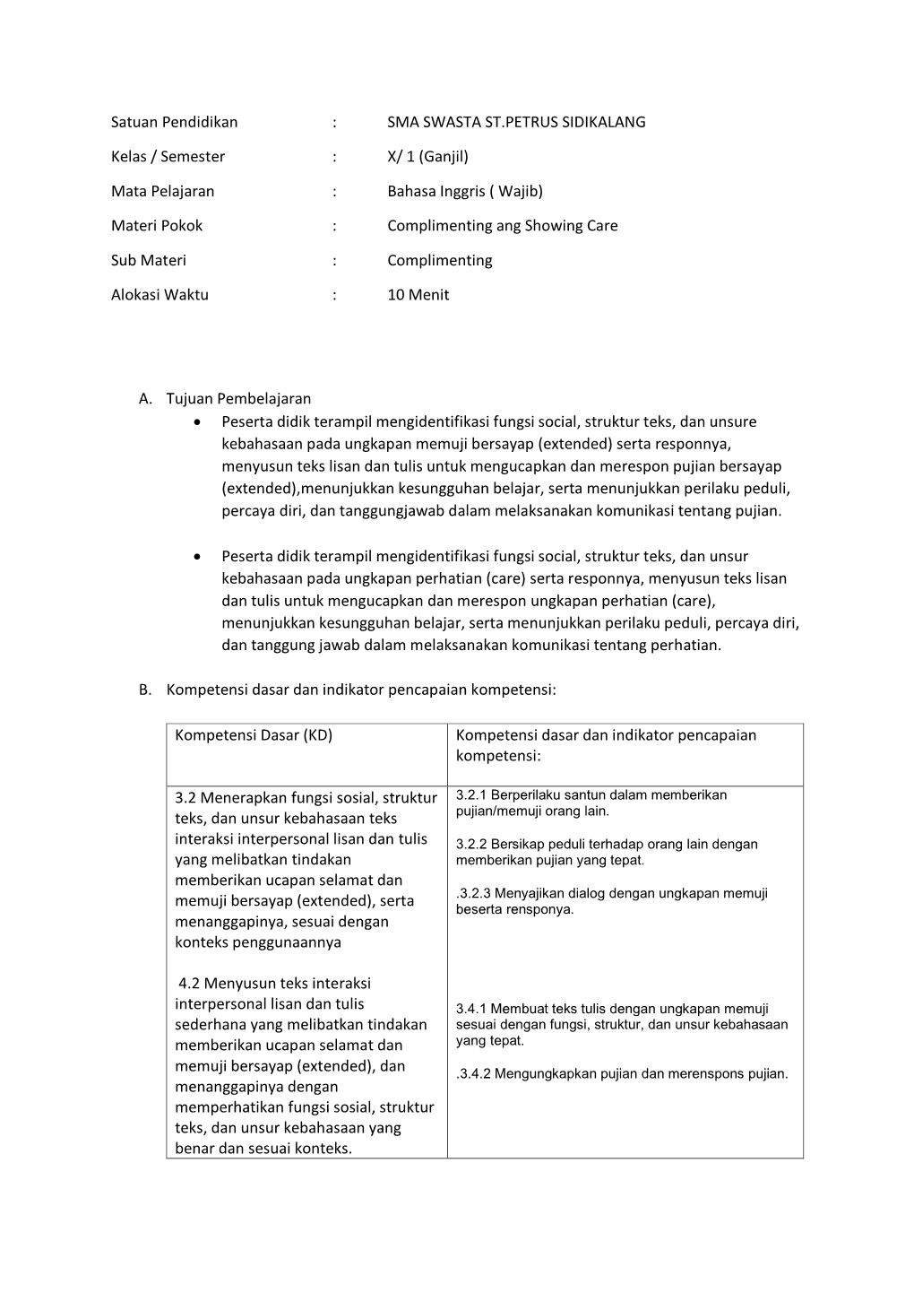 Satuan Pendidikan : SMA SWASTA ST.PETRUS SIDIKALANG Kelas / Semester : X/ 1 (Ganjil) Mata Pelajaran : Bahasa Inggris ( Wajib)