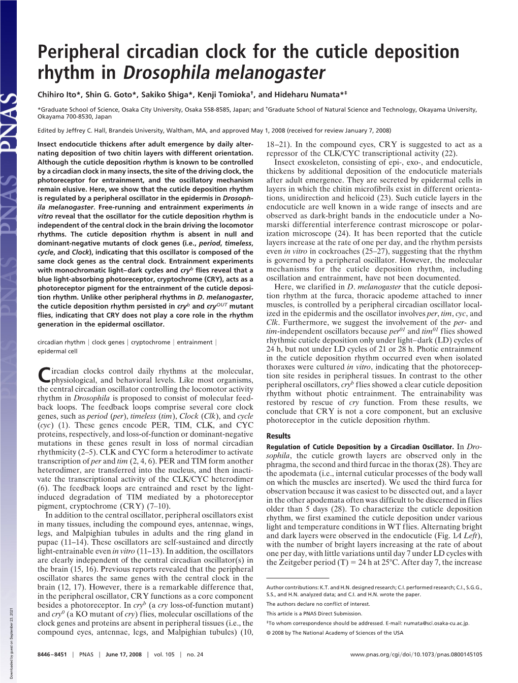 Peripheral Circadian Clock for the Cuticle Deposition Rhythm in Drosophila Melanogaster