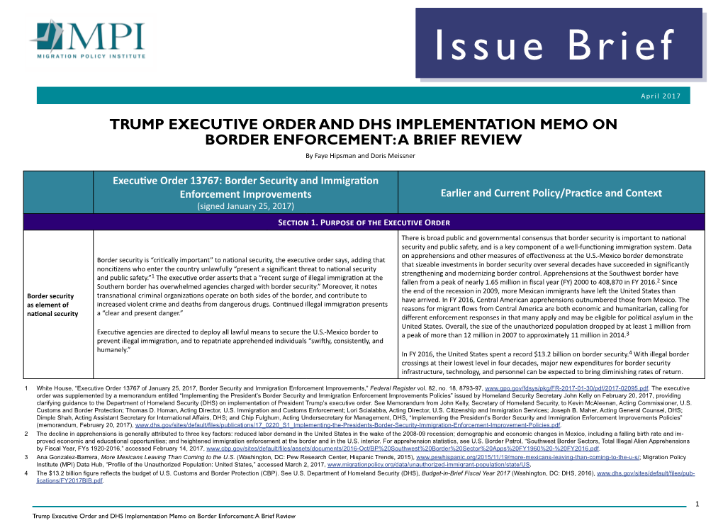 TRUMP EXECUTIVE ORDER and DHS IMPLEMENTATION MEMO on BORDER ENFORCEMENT: a BRIEF REVIEW by Faye Hipsman and Doris Meissner
