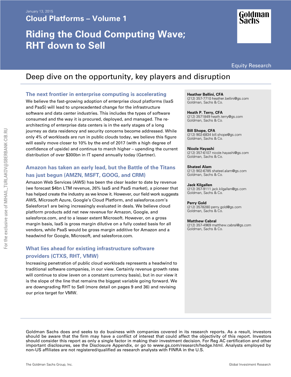 Riding the Cloud Computing Wave; RHT Down to Sell