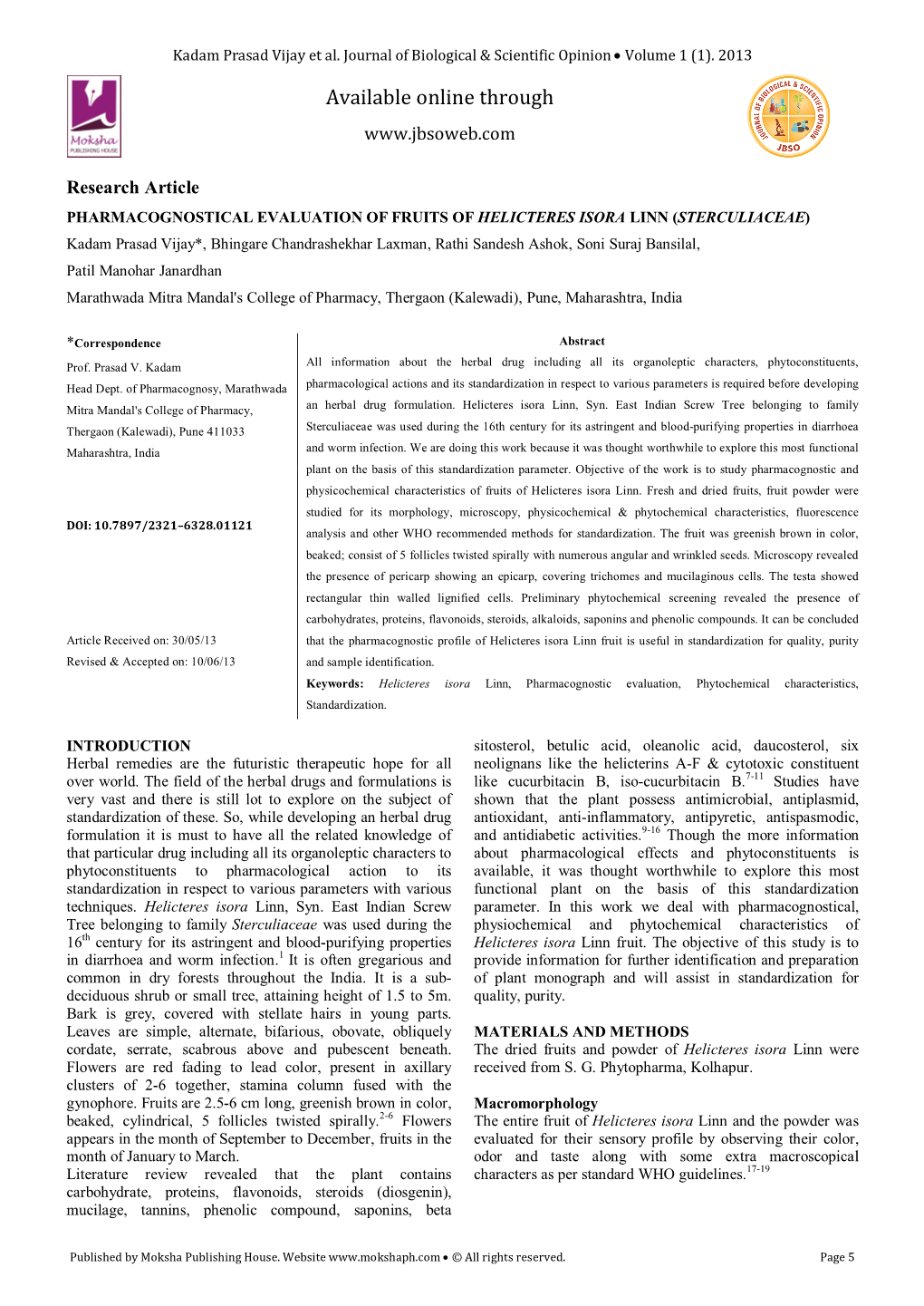 Pharmacognostical Evaluation of Fruits of Helicteres Isora Linn