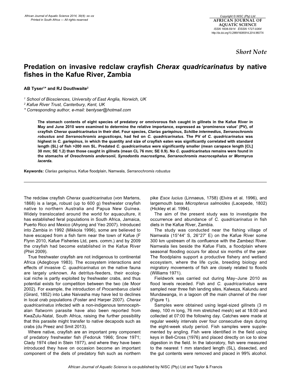 Predation on Invasive Redclaw Crayfish by Native Fishes