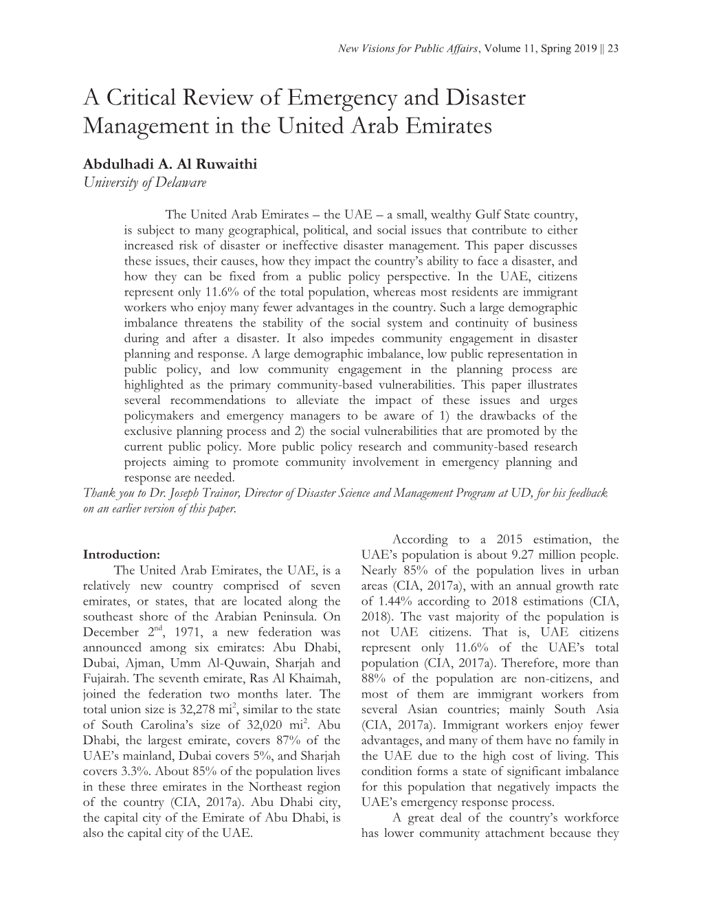 A Critical Review of Emergency and Disaster Management in the United Arab Emirates