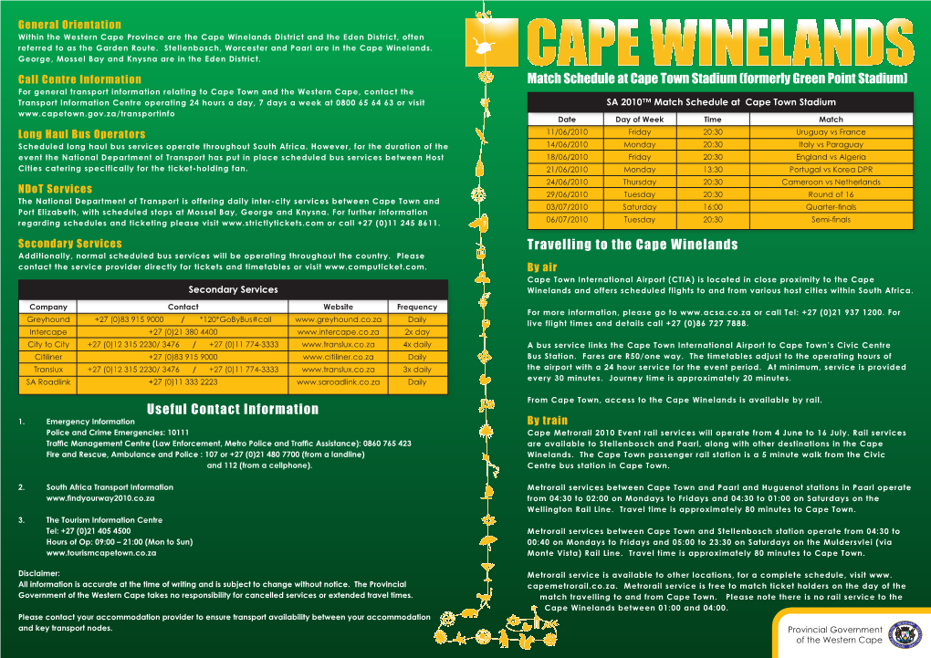 Useful Contact Information Match Schedule at Cape Town Stadium