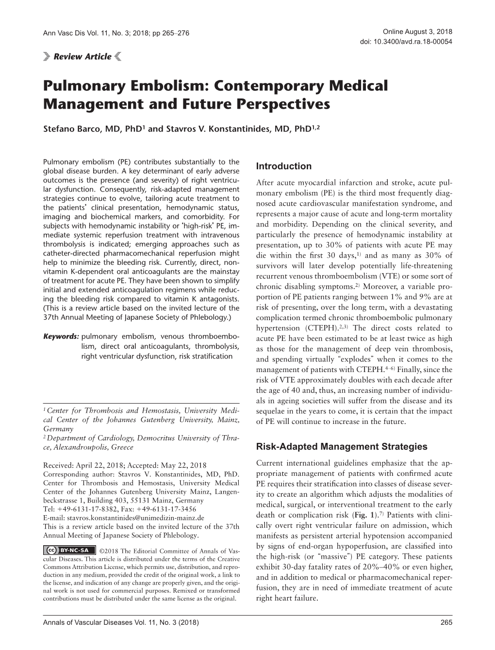 Pulmonary Embolism: Contemporary Medical Management and Future Perspectives