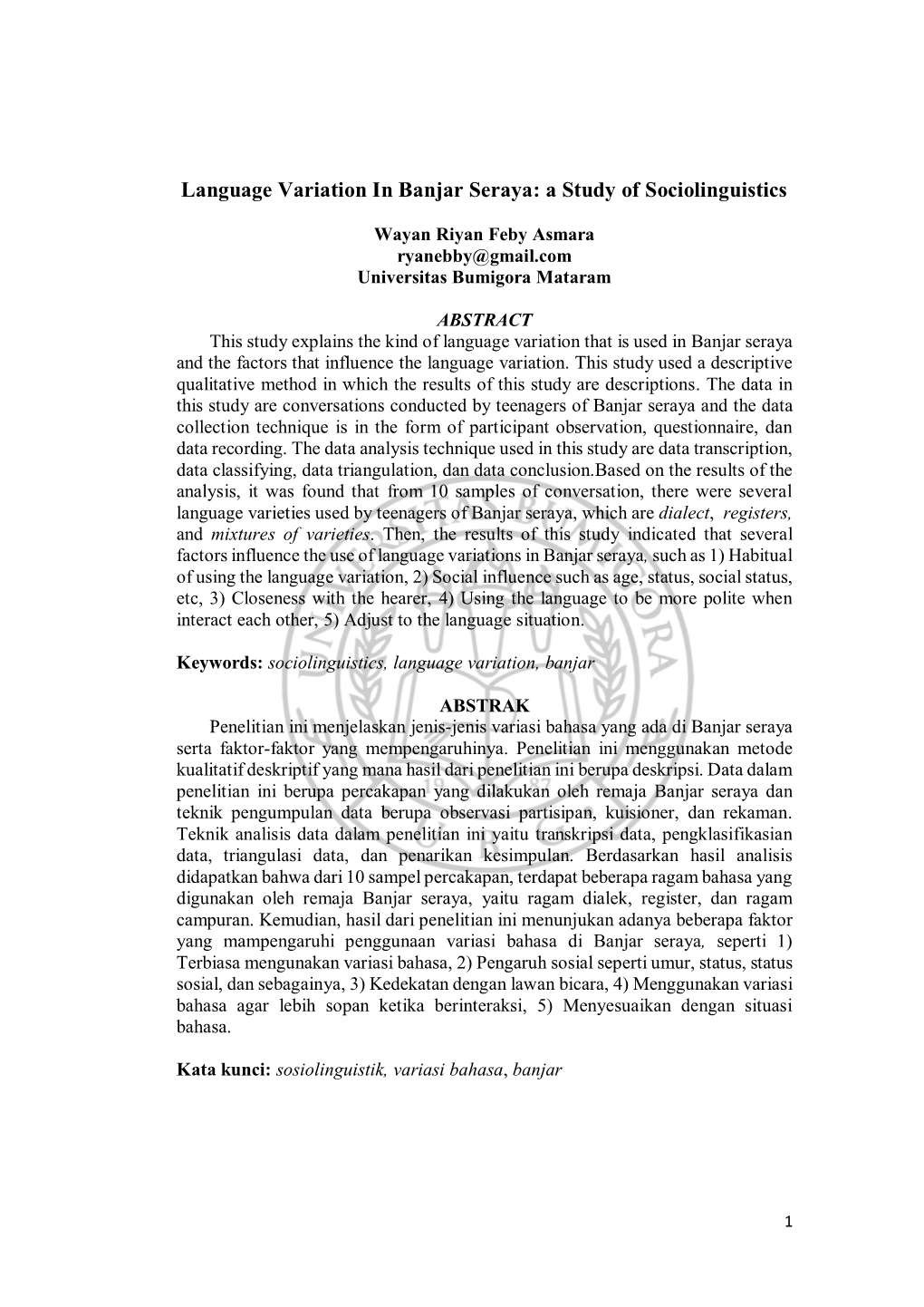 Language Variation in Banjar Seraya: a Study of Sociolinguistics