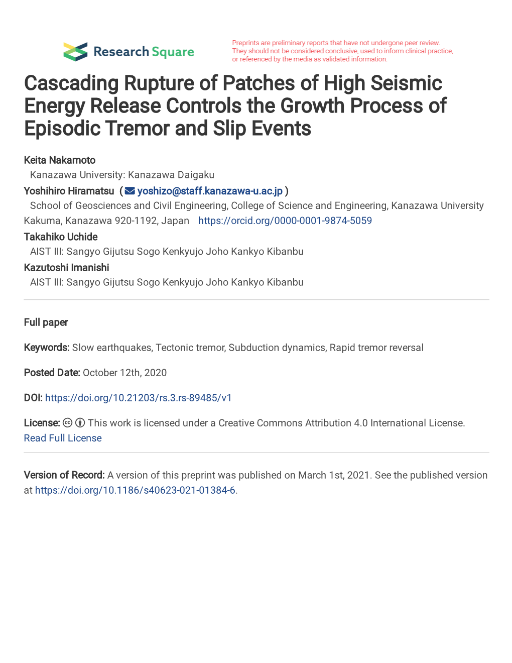 Cascading Rupture of Patches of High Seismic Energy Release Controls the Growth Process of Episodic Tremor and Slip Events Keita