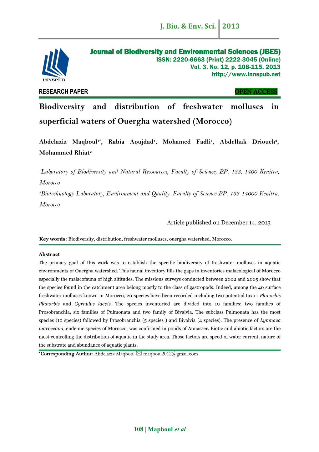 Biodiversity and Distribution of Freshwater Molluscs in Superficial Waters of Ouergha Watershed (Morocco)