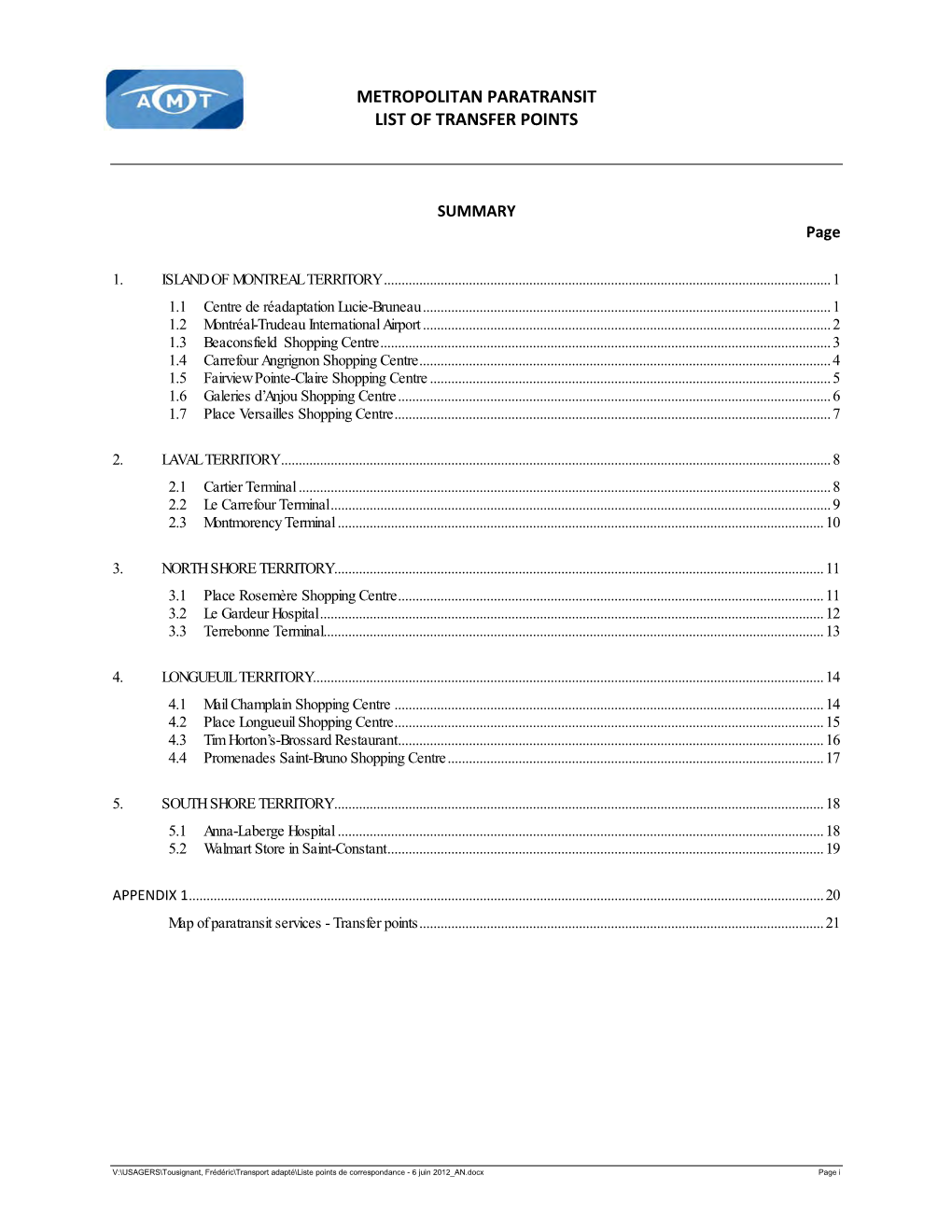 Metropolitan Paratransit List of Transfer Points