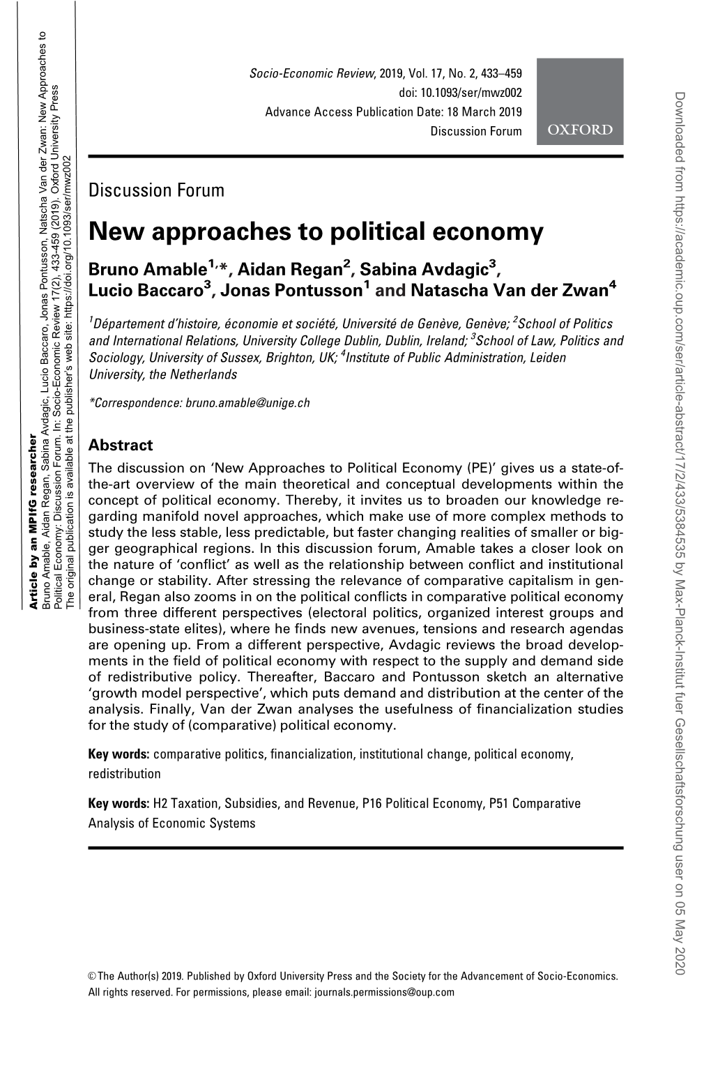 New Approaches to Political Economy Bruno Amable1,*, Aidan Regan2, Sabina Avdagic3, Lucio Baccaro3, Jonas Pontusson1 and Natascha Van Der Zwan4