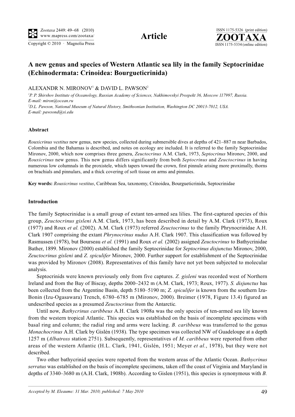 Zootaxa, a New Genus and Species of Western Atlantic Sea Lily in The