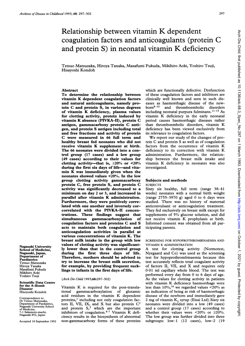 Protein C and Protein S) in Neonatal Vitamin K Deficiency