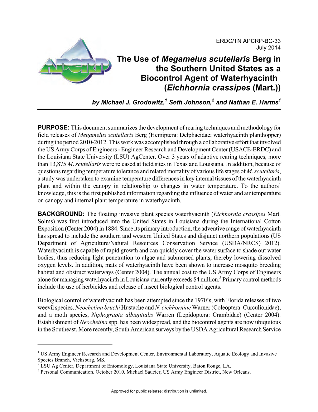 ERDC/TN APCRP-BC-33 "The Use of Megamelus Scutellaris Berg in The