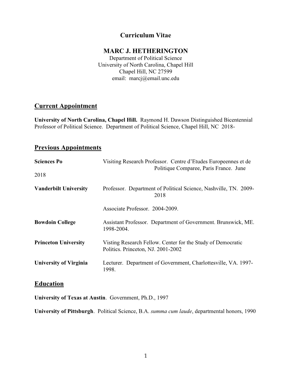 Curriculum Vitae MARC J. HETHERINGTON