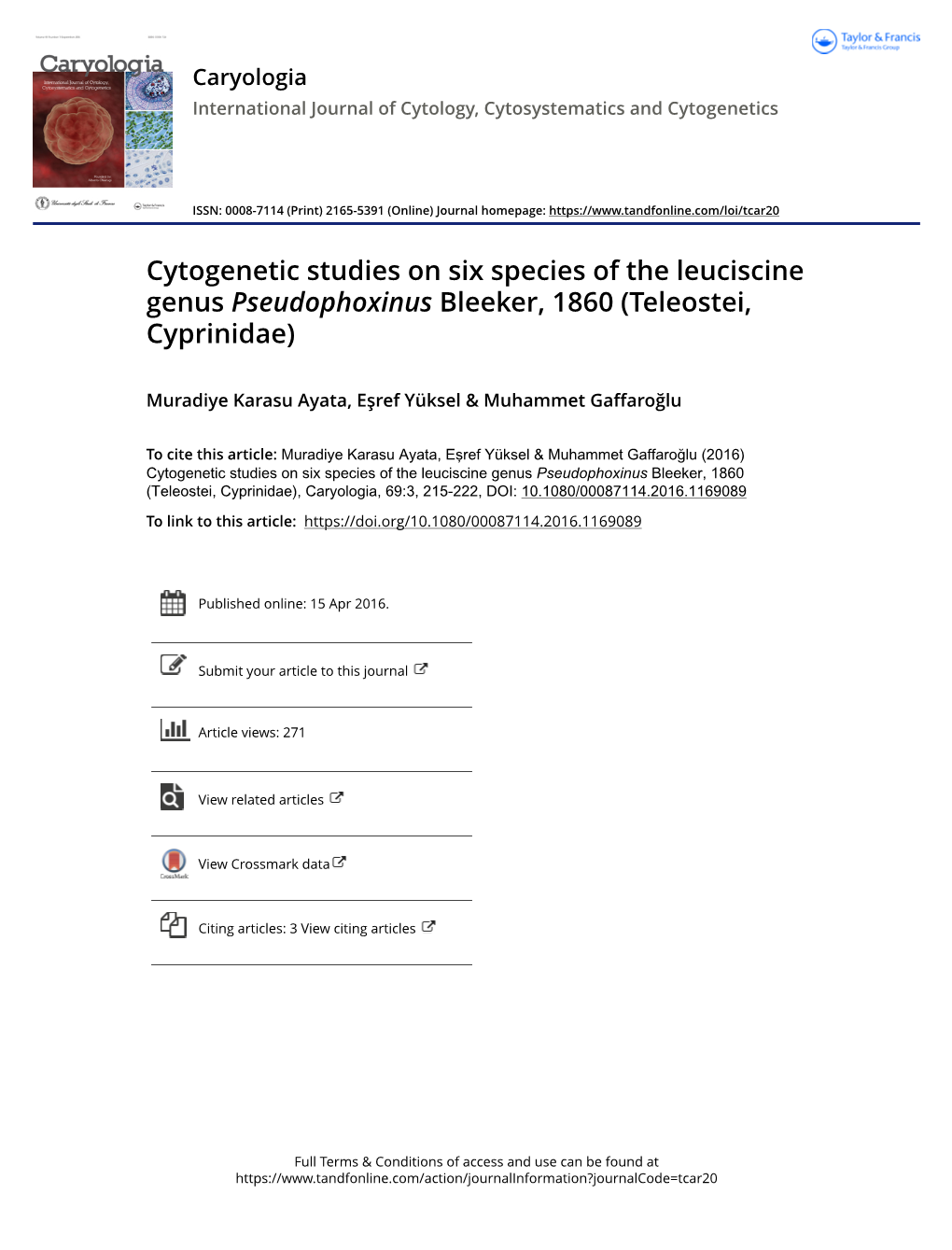 Cytogenetic Studies on Six Species of the Leuciscine Genus Pseudophoxinus Bleeker, 1860 (Teleostei, Cyprinidae)