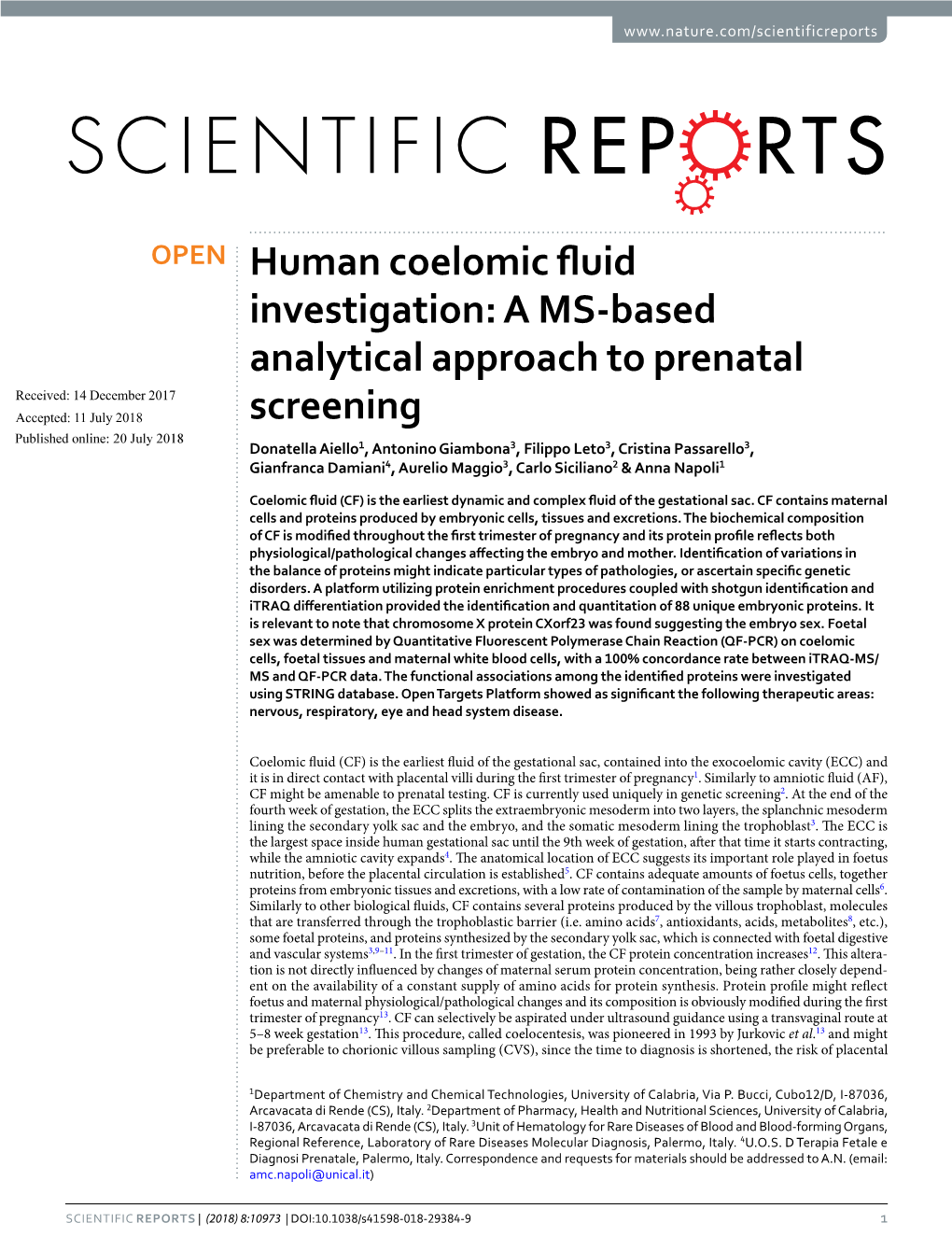 Human Coelomic Fluid Investigation: a MS-Based Analytical Approach to Prenatal Screening