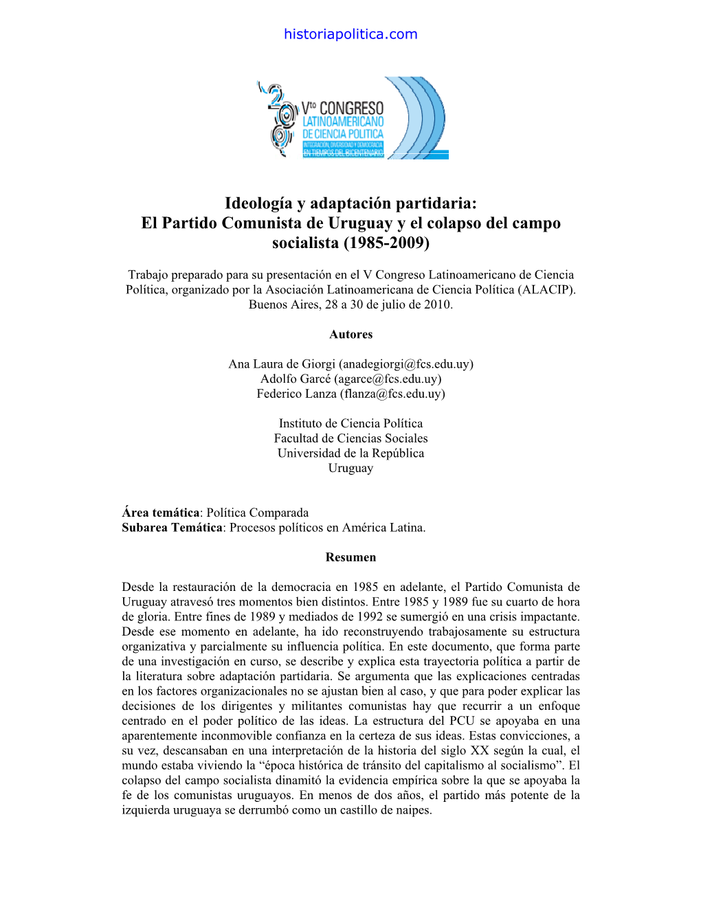 El Partido Comunista De Uruguay Y El Colapso Del Campo Socialista (1985-2009)