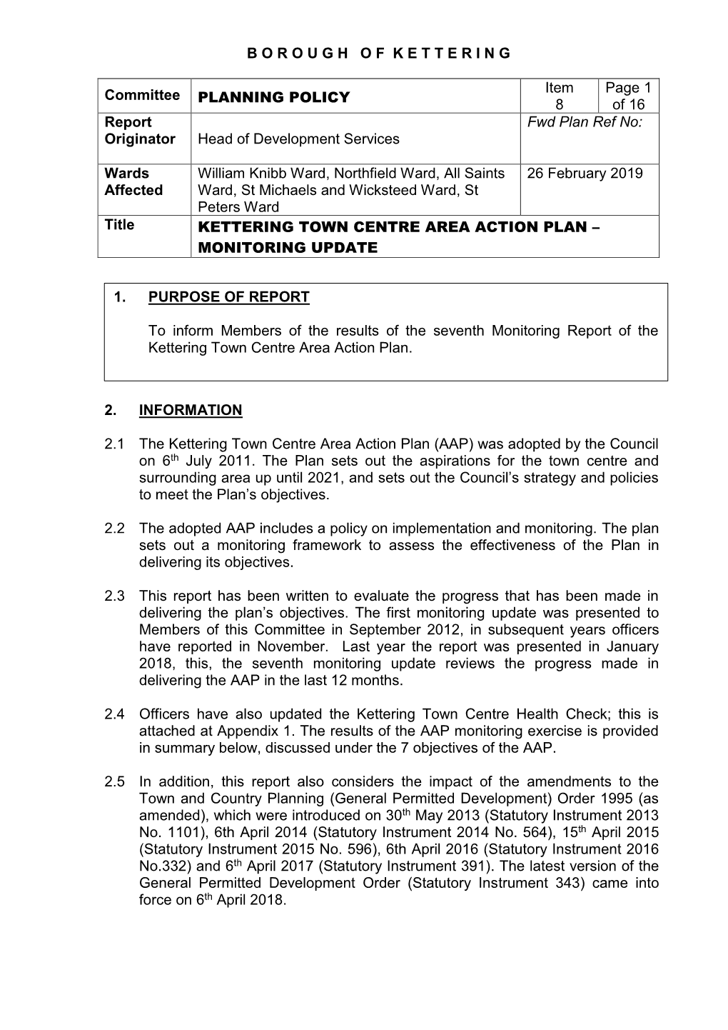 Kettering Town Centre Area Action Plan – Monitoring Update