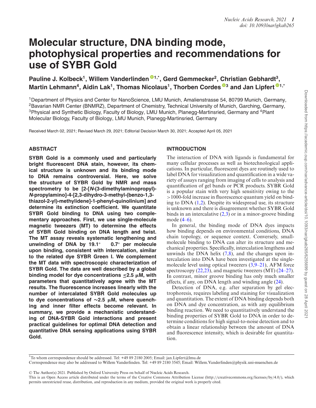 Molecular Structure, DNA Binding Mode, Photophysical Properties and Recommendations for Use of SYBR Gold Pauline J