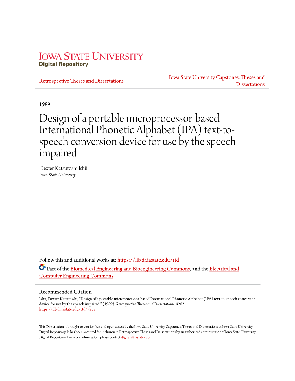IPA) Text-To- Speech Conversion Device for Use by the Speech Impaired Dexter Katsutoshi Ishii Iowa State University