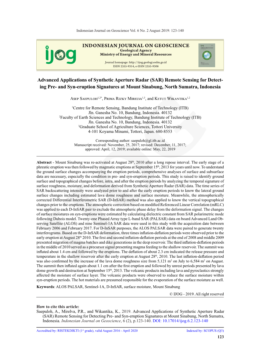 (SAR) Remote Sensing for Detect- Ing Pre- and Syn-Eruption Signatures at Mount Sinabung, North Sumatra, Indonesia