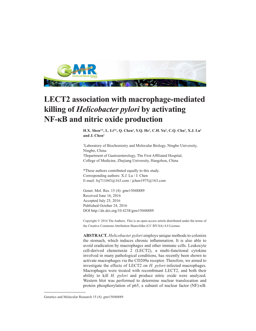 LECT2 Association with Macrophage-Mediated Killing of Helicobacter Pylori by Activating NF-Κb and Nitric Oxide Production