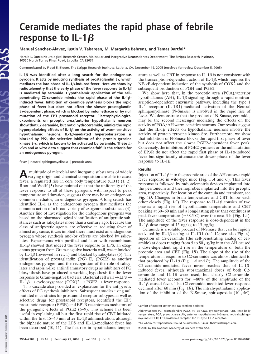 Ceramide Mediates the Rapid Phase of Febrile Response to IL-1Я