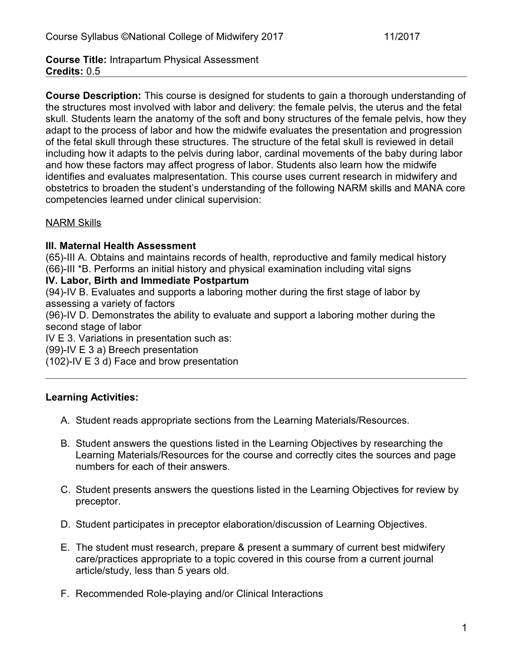 Course Title: Intrapartum Physical Assessment