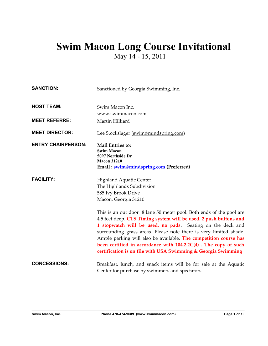 Meet Information Sheet May 14-15, 2011 Swim Macon Long Course Invite