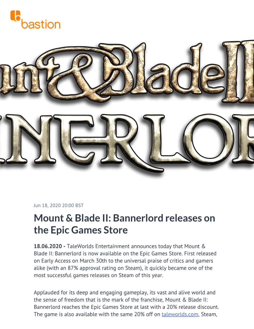 Mount & Blade II: Bannerlord Releases on the Epic Games Store