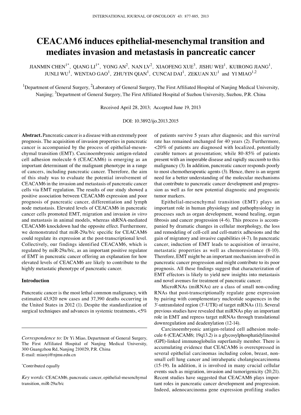 CEACAM6 Induces Epithelial-Mesenchymal Transition and Mediates Invasion and Metastasis in Pancreatic Cancer