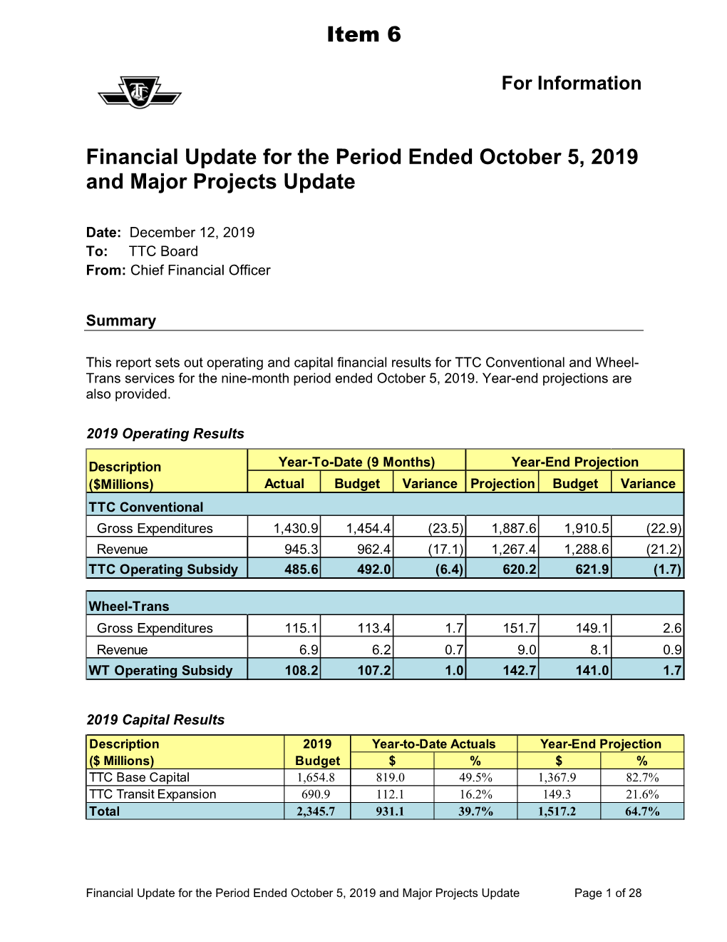 Financial Update for the Period Ended October 5, 2019 and Major Projects Update