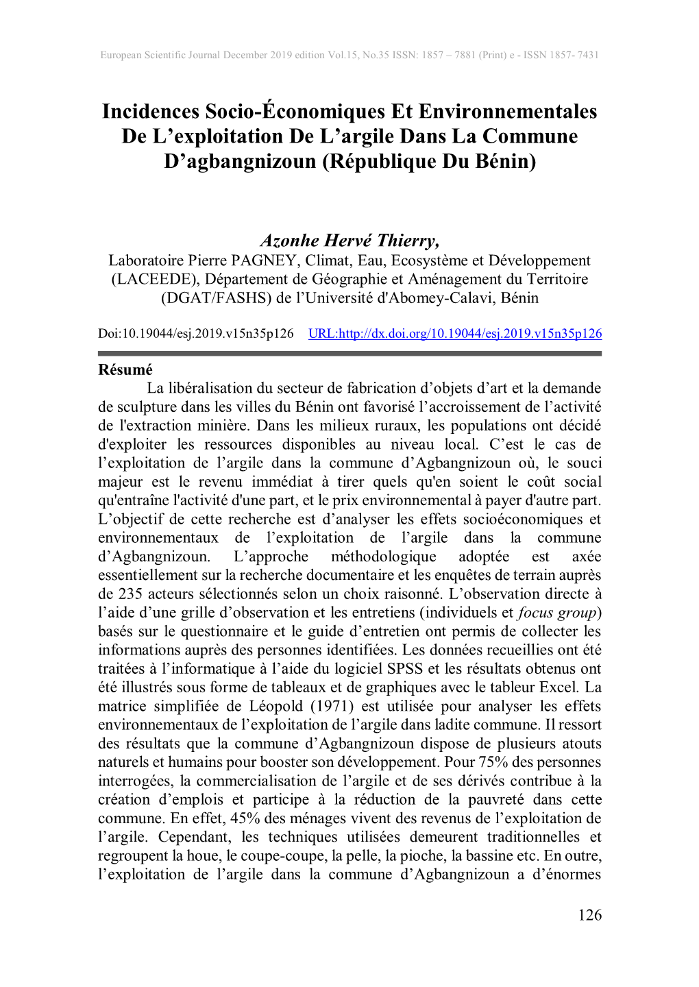 Incidences Socio-Économiques Et Environnementales De L’Exploitation De L’Argile Dans La Commune D’Agbangnizoun (République Du Bénin)