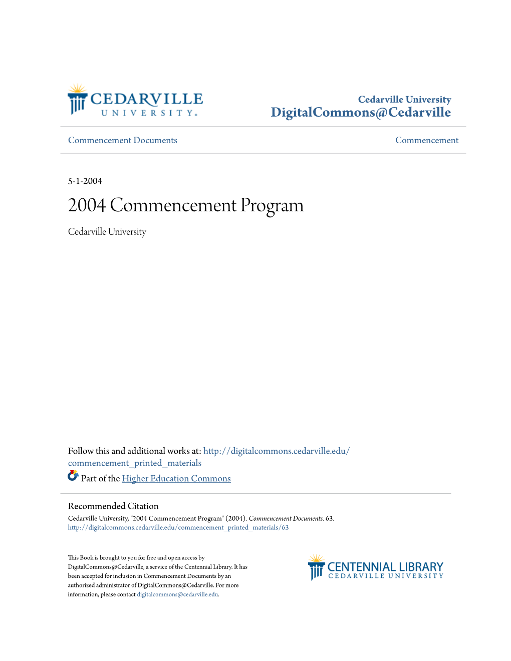 2004 Commencement Program Cedarville University
