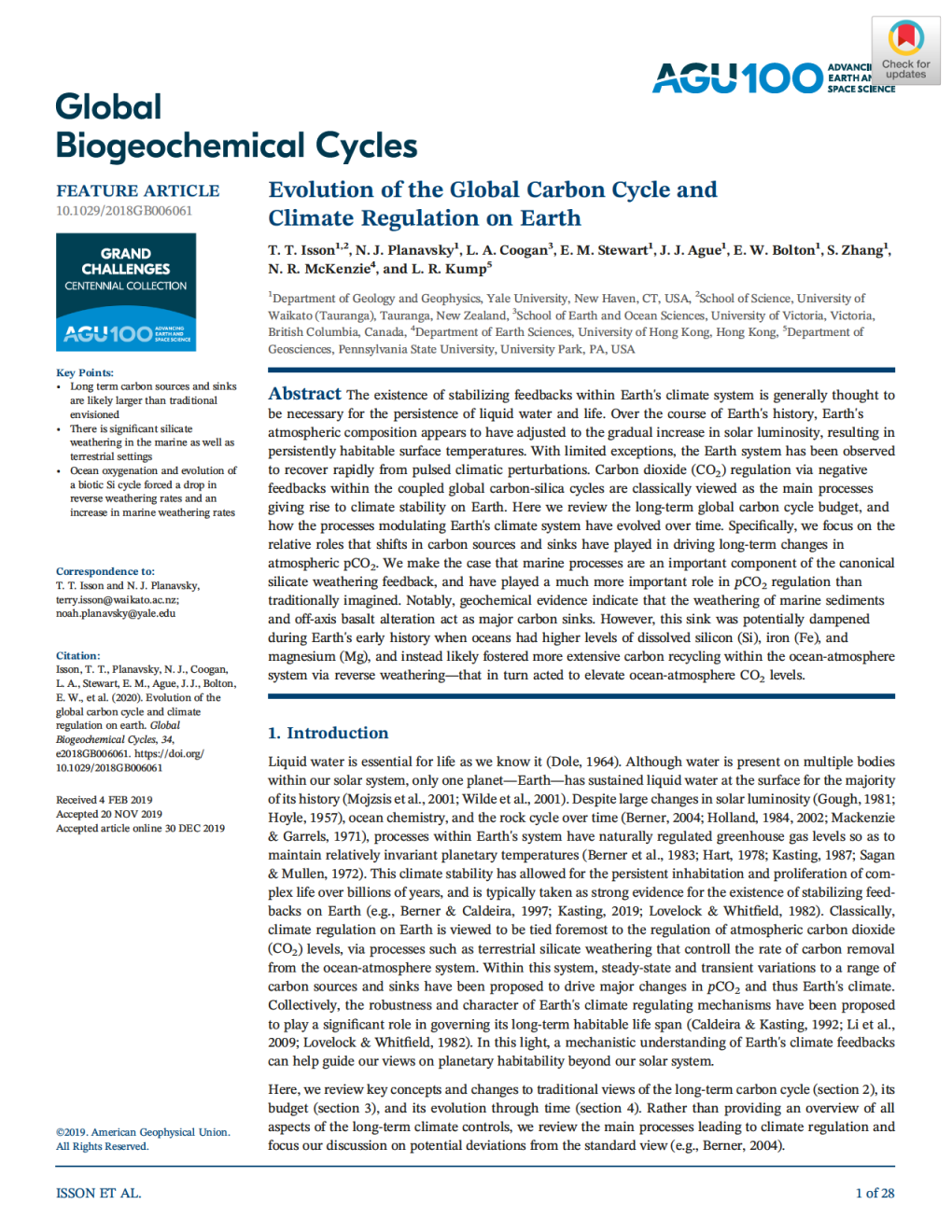 Evolution of the Global Carbon Cycle and Climate Regulation on Earth