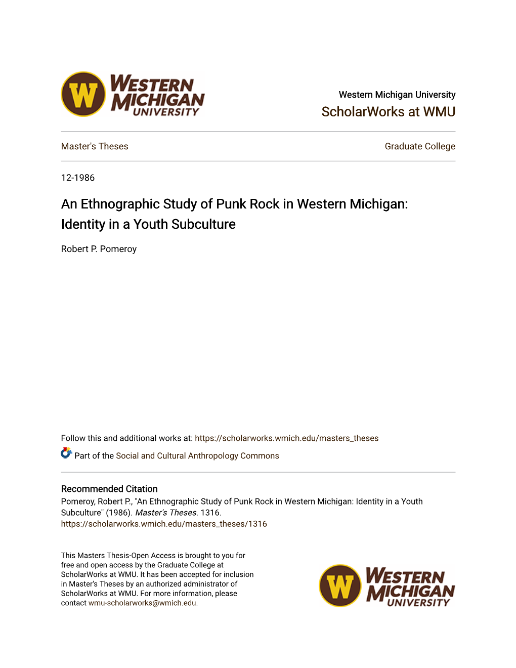 An Ethnographic Study of Punk Rock in Western Michigan: Identity in a Youth Subculture