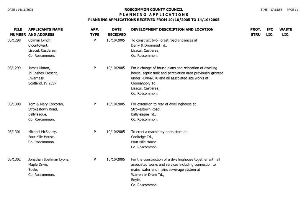 Roscommon County Council Time : 17:18:58 Page : 1 P L a N N I N G a P P L I C a T I O N S Planning Applications Received from 10/10/2005 to 14/10/2005